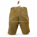 Suede Oktoberfest lederhosen shorts featuring rear lace adjustment, horn-style buttons, curved back seam panels, and side utility pocket detail