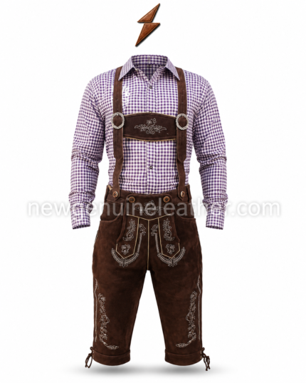 Dark brown Bavarian lederhosen outfit with leg embroidery and side lace ties