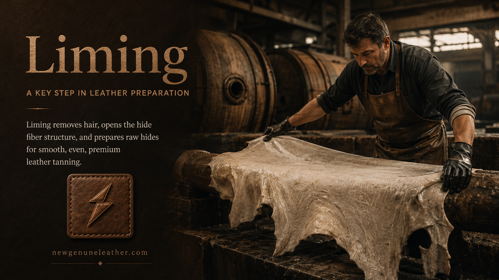 Raw hides being treated during the liming process to remove hair and prepare fibers for premium leather production at newgenuneleather.com