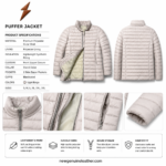 Navy long quilted puffer jacket with padded sleeves, stand collar, full front zipper, and premium winter outerwear design