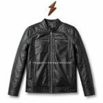 Black sheep leather jacket wholesale with mandarin snap collar and curved shoulder panel stitching