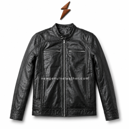 Black sheep leather jacket wholesale with mandarin snap collar and curved shoulder panel stitching