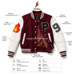 OEM women’s patch varsity jacket with NGL branding, maroon body, cream sleeves, snap buttons, striped rib cuffs, and custom patch artwork.