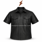 Men’s black genuine leather short sleeve jacket shirt with front zip closure, chest flap pockets, and stitched panel design