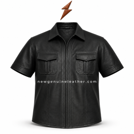 Men’s black genuine leather short sleeve jacket shirt with front zip closure, chest flap pockets, and stitched panel design