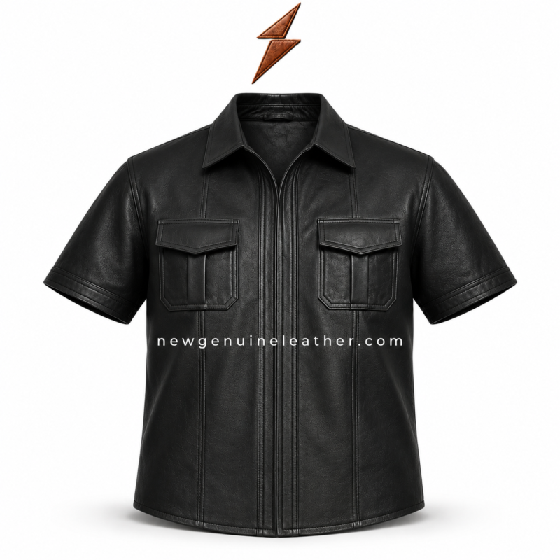 Men’s black genuine leather short sleeve jacket shirt with front zip closure, chest flap pockets, and stitched panel design