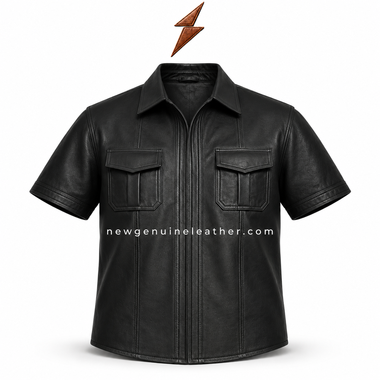 Men’s Black Genuine Leather Short Sleeve Jacket Shirt Men’s black genuine leather short sleeve jacket shirt with front zip closure, chest flap pockets, and stitched panel design