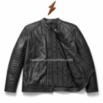 Men’s black quilted biker leather jacket with diagonal chest pockets, lower zip pockets, and stitched shoulder panels.