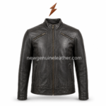 Wholesale charcoal cafe racer leather jacket with chest zip pockets, slanted side pockets, and OEM