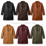 Tan men’s leather long coat with camel leather tone, long body design, side hand pockets, button front, and stitched panel details
