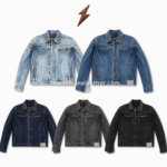 Men’s studded collar denim jacket in light blue wash with zip chest pockets, button front, shaped seams, and NGL logo above.