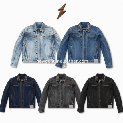Men’s studded collar denim jacket in light blue wash with zip chest pockets, button front, shaped seams, and NGL logo above.