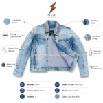 Back view of men’s studded collar denim jacket with faded light blue wash, stitched back panels, decorative graphic, and cuff buttons.