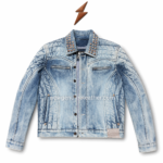 Product specs image for men’s studded collar denim jacket with light wash denim, dual zip pockets, button front, and shaped stitching.