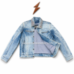 Men’s studded collar denim jacket displayed in light blue, medium blue, dark indigo, charcoal grey, and black denim options.
