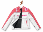 Pink and white motorsport leather jacket with front zipper, embroidered patches, NGL logo, and black