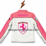 Motorsport leather jacket showing open front panel, black quilted lining, pink sleeve panels, and two zipper pockets