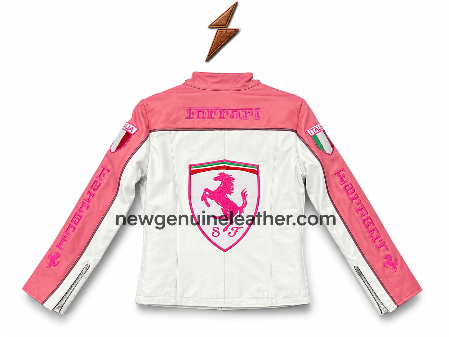 Motorsport Leather Jacket Product Specs Motorsport leather jacket showing open front panel, black quilted lining, pink sleeve panels, and two zipper pockets