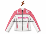 Motorsport leather jacket with rose-pink shoulder panels, white leather body, collar embroidery, and shield patch detail