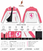 Pink and white motorsport leather jacket back view with large shield patch, pink sleeve embroidery, and white body panels