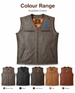 Multi color leather vest wholesale display with sleeveless biker design and chest zip pockets