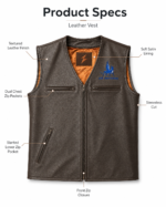 Multi color leather vest wholesale collection with brown satin lining and blue chest logo placement