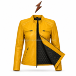 Mustard biker jacket with quilted shoulder panels, stand collar, black zipper closure, chest zip pockets, side zip pockets, and NGL