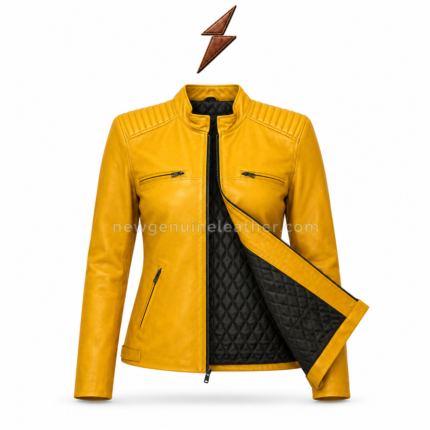 Mustard biker jacket with quilted shoulder panels, stand collar, black zipper closure, chest zip pockets, side zip pockets, and NGL