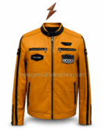 Mustard biker jacket with black racing stripes, front zipper, chest patches, zipper pockets, and black band collar.