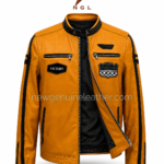 Mustard biker jacket back pose with smooth yellow leather, black collar, center back seam, sleeve stripes, and zipper cuffs.