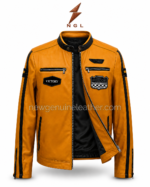 Mustard biker jacket back pose with smooth yellow leather, black collar, center back seam, sleeve stripes, and zipper cuffs.
