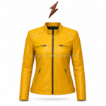 Back view of mustard biker jacket with yellow leather body, clean rear panel, shoulder seam detailing, long sleeves, and adjustable hem tabs.