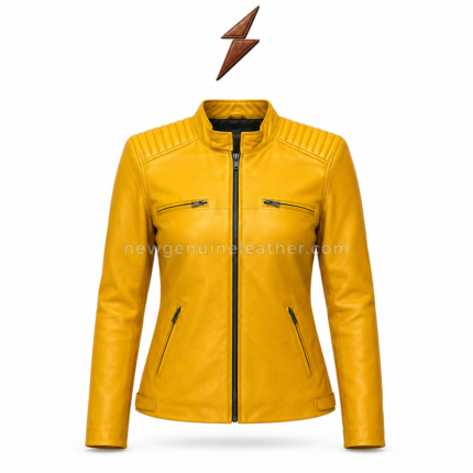 Back view of mustard biker jacket with yellow leather body, clean rear panel, shoulder seam detailing, long sleeves, and adjustable hem tabs.