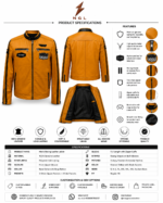 Mustard biker jacket shown open with black inner lining, full front zipper, band collar, chest patches, and sleeve zipper details.