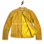 Mustard biker jacket OEM product image with quilted sleeves, front zipper, yellow leather texture and NGL logo at top
