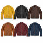 Mustard biker jacket OEM inner view showing yellow lining, open zipper, stitched panels and quilted sleeve details.