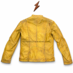 Mustard biker jacket OEM back view with stitched leather panels, vintage golden finish and clean catalog background.