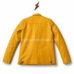 Product specs image of mustard biker jacket showing stand collar, quilted shoulders, chest zip pockets, side zip pockets, front zipper, and black quilted lining.
