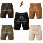 Wholesale black Bavarian lederhosen shorts with contrast stitched embroidery, front bib panel, curved pockets, side buttons, and newgenuineleather.com watermark