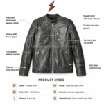 Vintage black cafe racer leather jacket with vertical chest zip pocket, two angled side zip pockets, and textured leather surface