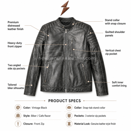 Vintage black cafe racer leather jacket with vertical chest zip pocket, two angled side zip pockets, and textured leather surface