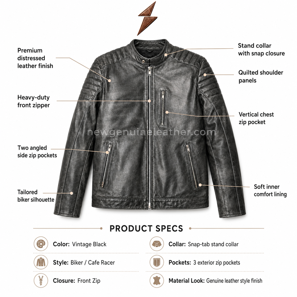 NGL Black Cafe Racer Jacket Product Image Vintage black cafe racer leather jacket with vertical chest zip pocket, two angled side zip pockets, and textured leather surface