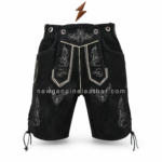NGL black embroidered lederhosen shorts with premium suede finish, white Bavarian embroidery, metal buttons, lace sides,