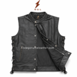Black lace-up side leather biker vest wholesale back view with plain leather panel, side grommets and centered