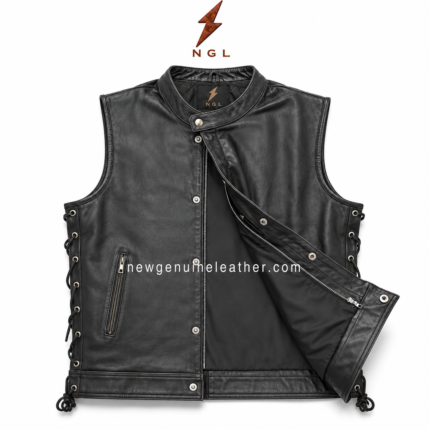 Black lace-up side leather biker vest wholesale back view with plain leather panel, side grommets and centered