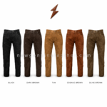 NGL black suede leather pants with clean front view, belt loops, five-pocket styling, straight-leg design, and premium white studio setup