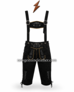 Black lederhosen with suspenders on white studio background with front flap embroidery, adjustable straps, metal buckles, and lace-tie leg details