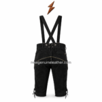 Black lederhosen with suspenders featuring ornate metal buckles, embroidered front panel, gold piping, lower leg embroidery, and newgenuineleather.com