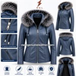 Blue fur hood jacket catalog image with drawstring cords, metal zipper, fitted seams and premium winter styling