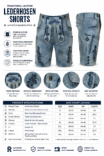 Blue grey embroidered lederhosen shorts with black front embroidery, gold trim accents, shiny waistband buttons, side pockets, and newgenuineleather.com watermark